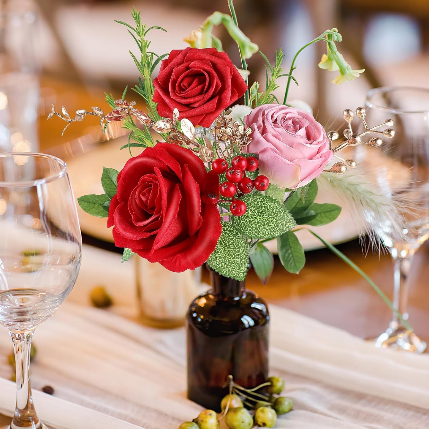 AGIRL Red Artificial Flowers Combo Fake Flowers Red Rose Silk Flowers Fake Floral Arrangements for DIY Wedding Bouquets Centerpieces Table Decor Baby Shower Home Decor