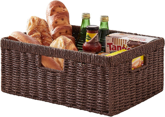 OIAHOMY Wicker Basket, Paper Shelf Basket with Built-in Handles, Rectangular Wicker Storage Bin for Pantry, Shelves, 1 Pack-Brown