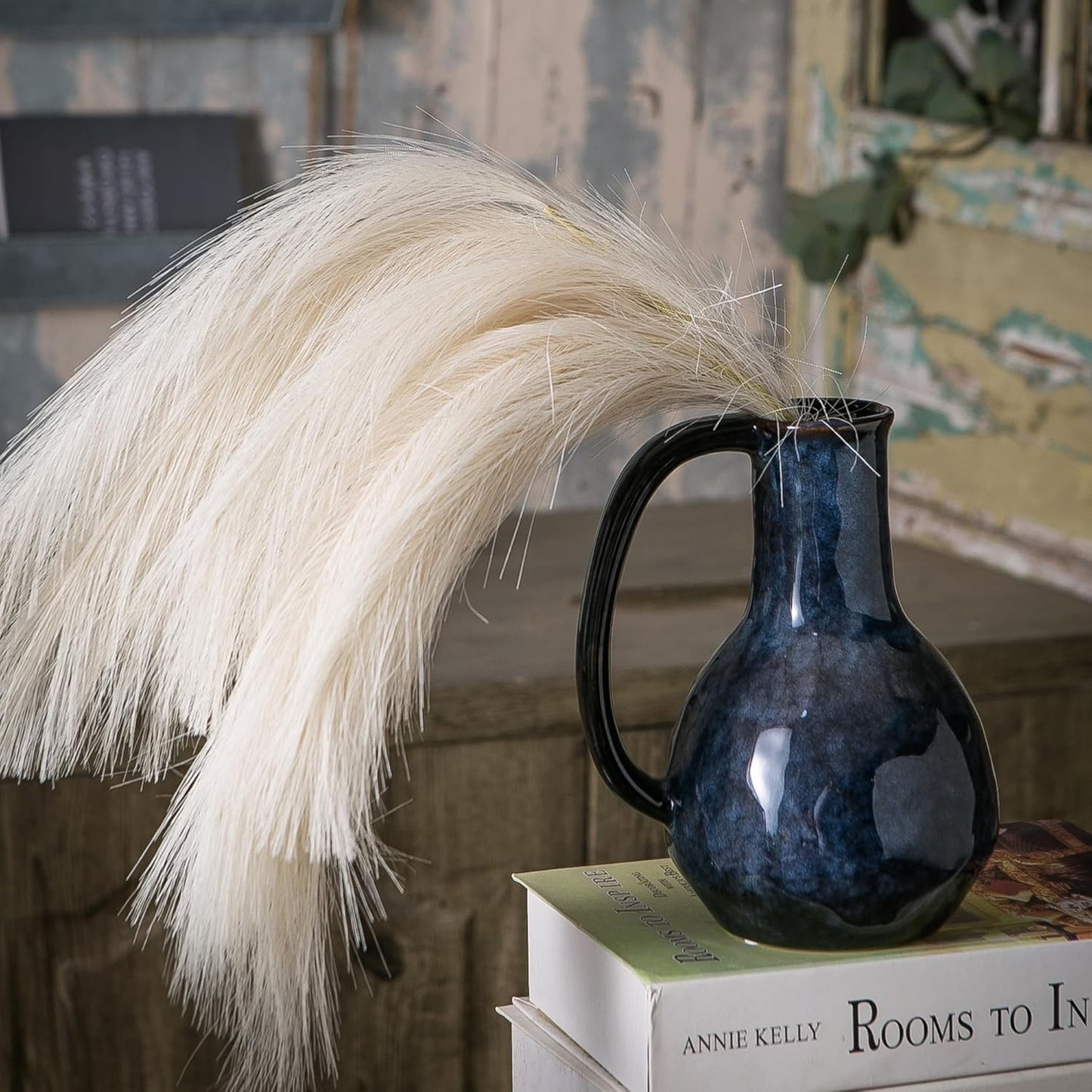 Blue Ceramic Vase with Big Handles, Modern Farmhouse Decor, Rustic Pottery for Flowers, Decorative Terracotta Centerpiece for Dining Table