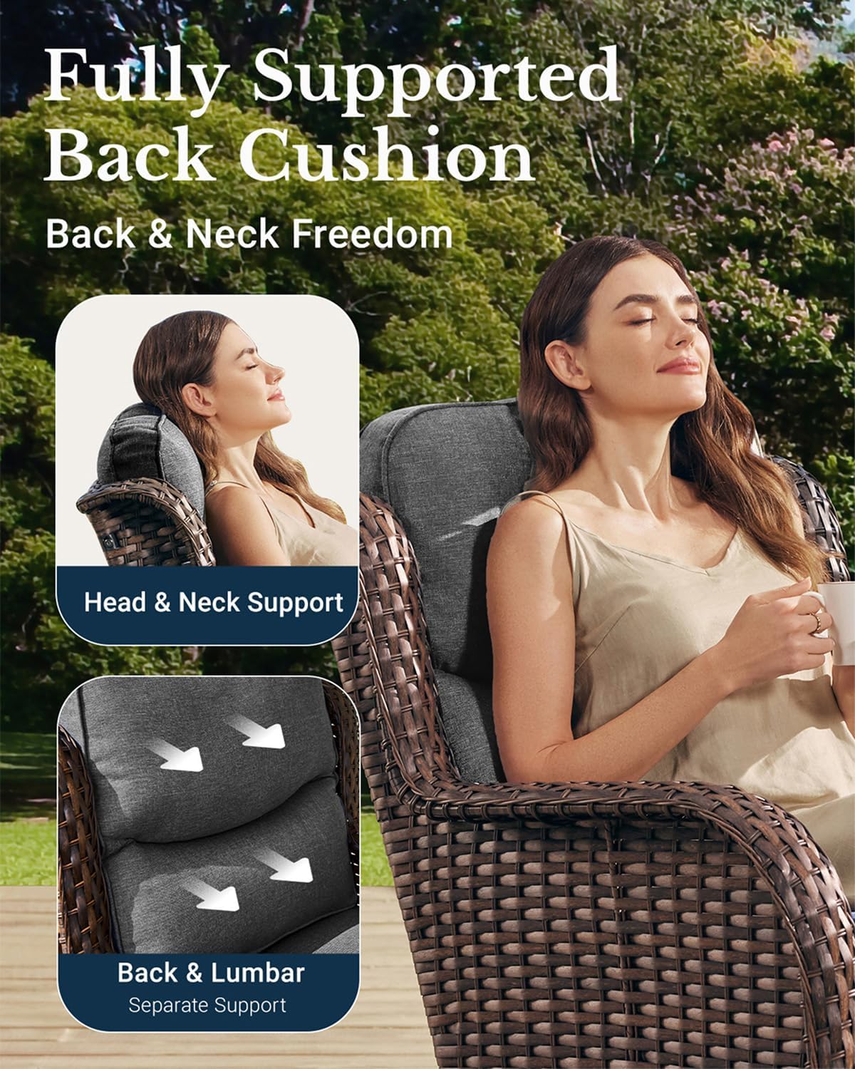 HILLGA Luxury Patio Furniture Set with 6-Inch Thick Cushions, High Back Outdoor Swivel Rocker Chairs and Ottoman, 5-Piece All Weather Conversation Set for Porch Deck Balcony Yard, Dark Grey (V3)