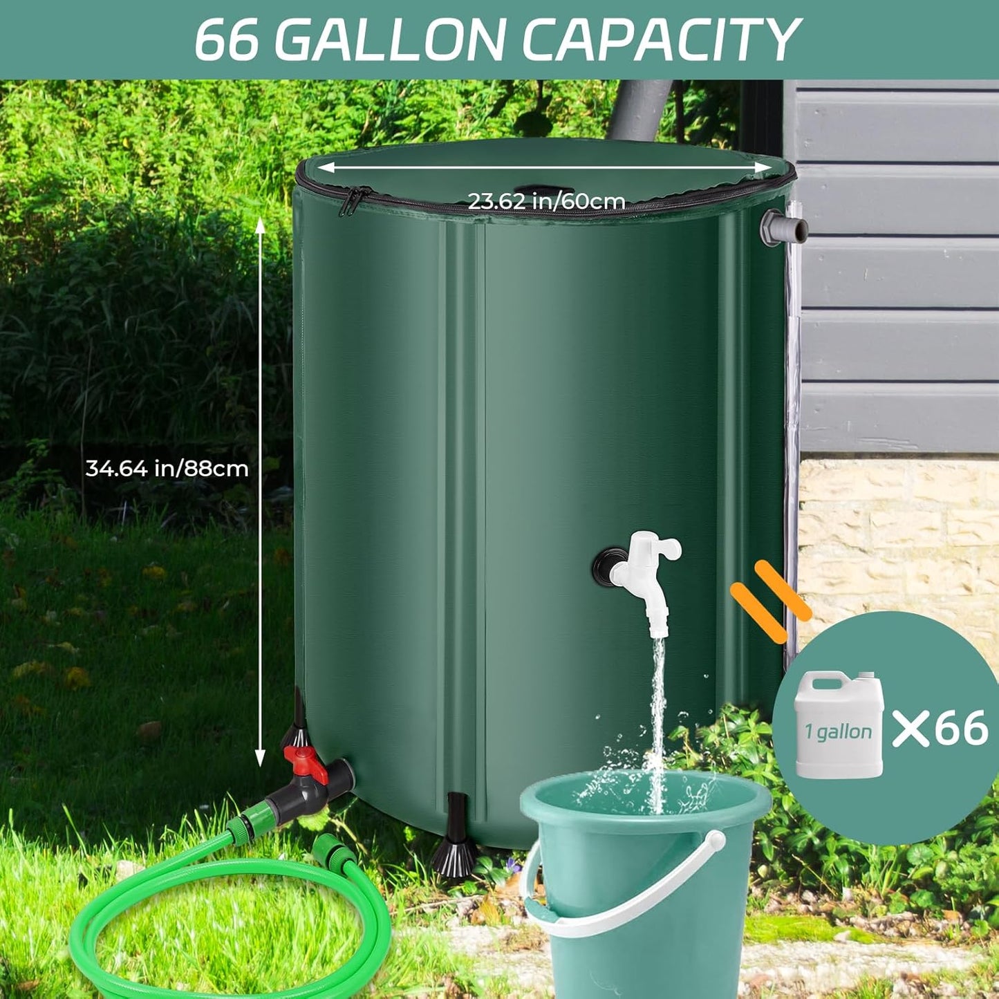 Rain Barrels to Collect Rainwater from Gutter - Portable Water Storage Tank Water Barrel Rainwater Collection System Rain Catcher Include Filter Two Spigots and Overflow Kit (66 Gallon, Green)