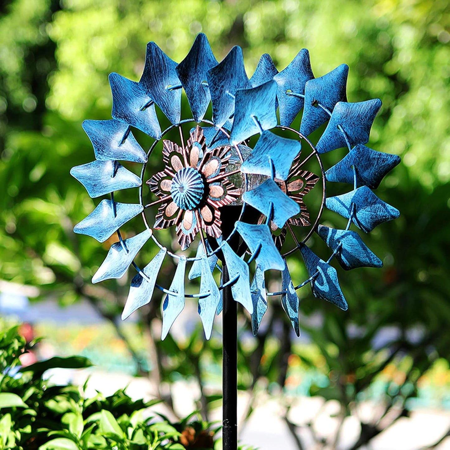 Solar Wind Spinner Azure 360 Degrees Rotate with Multicolor Crackle Glass Globe LED Light Kinetic Dual Direction Outdoor Windmill Ornaments for Garden Backyard Lawn Decoration