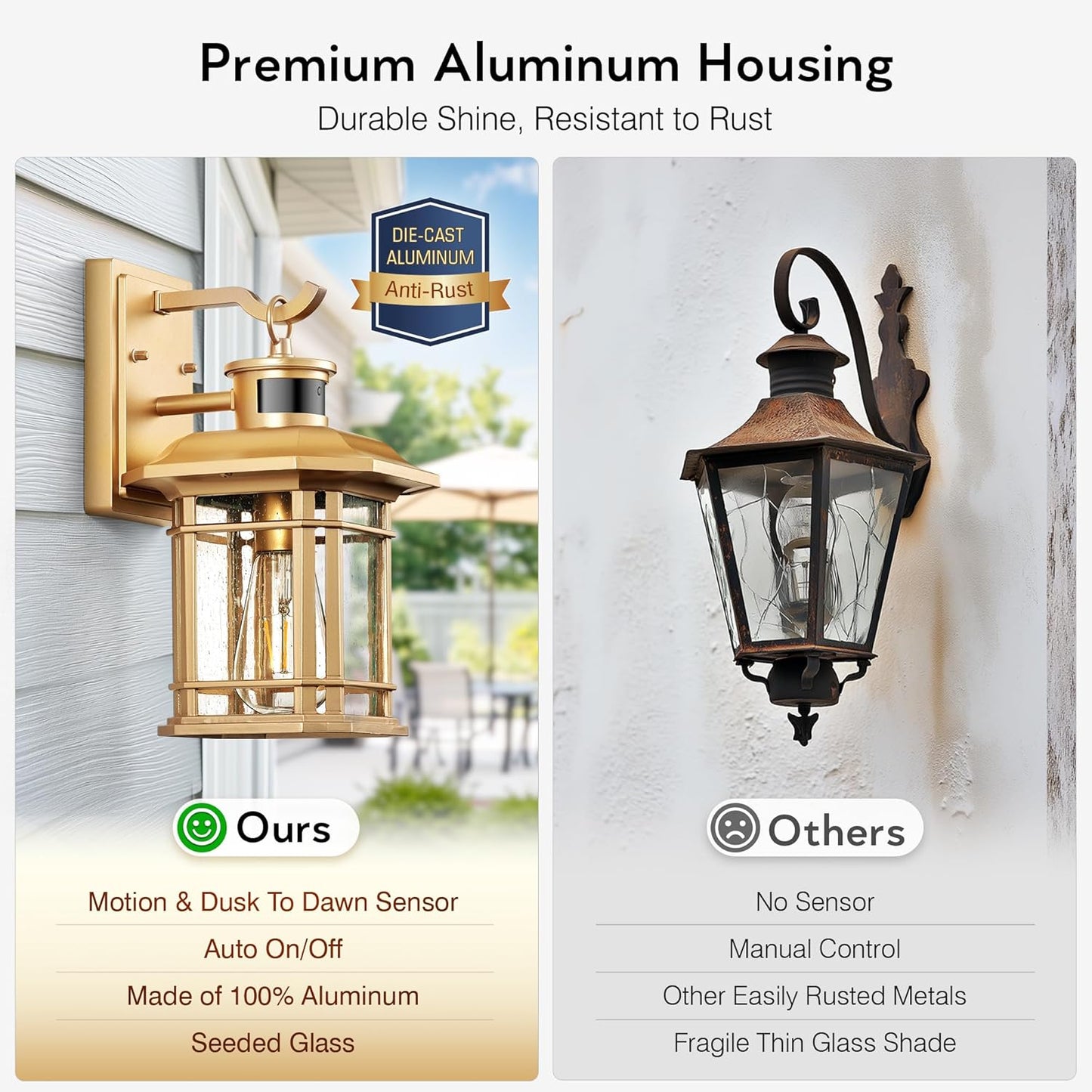 VIANIS Motion Sensor Exterior Lights for House, 2 Pack Dusk to Dawn Outdoor Lighting, Gold Outdoor Sconce Lantern, Waterproof, Weather Resistant Porch Lights Outside for House, Garage, Front Door