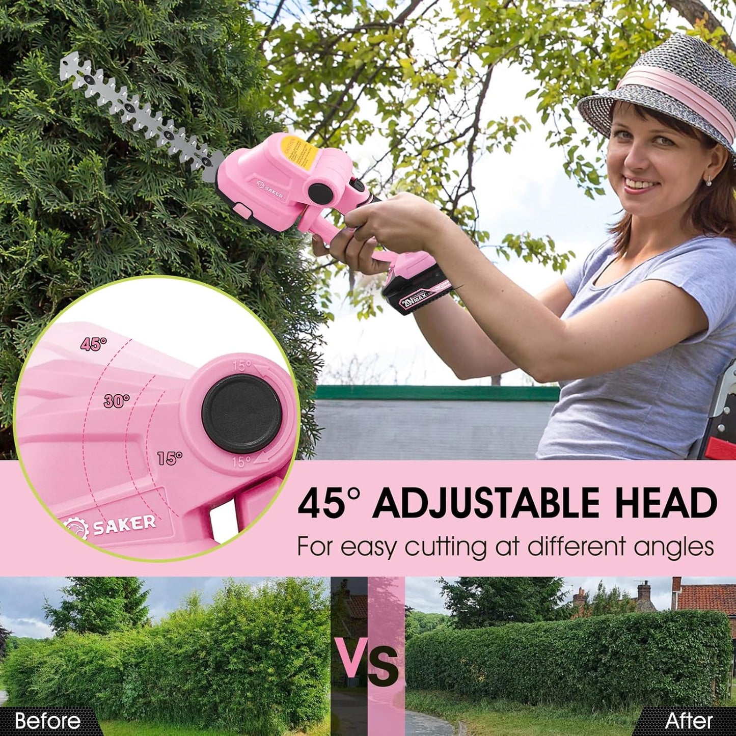 Saker Cordless Hedge Trimmer-20V Electric Shrub Trimmer Grass Shears Handheld Grass Cutter, Hedge Shear with 1 PCS Rechargeable Battery and Charger for Garden, Lawn(Pink)