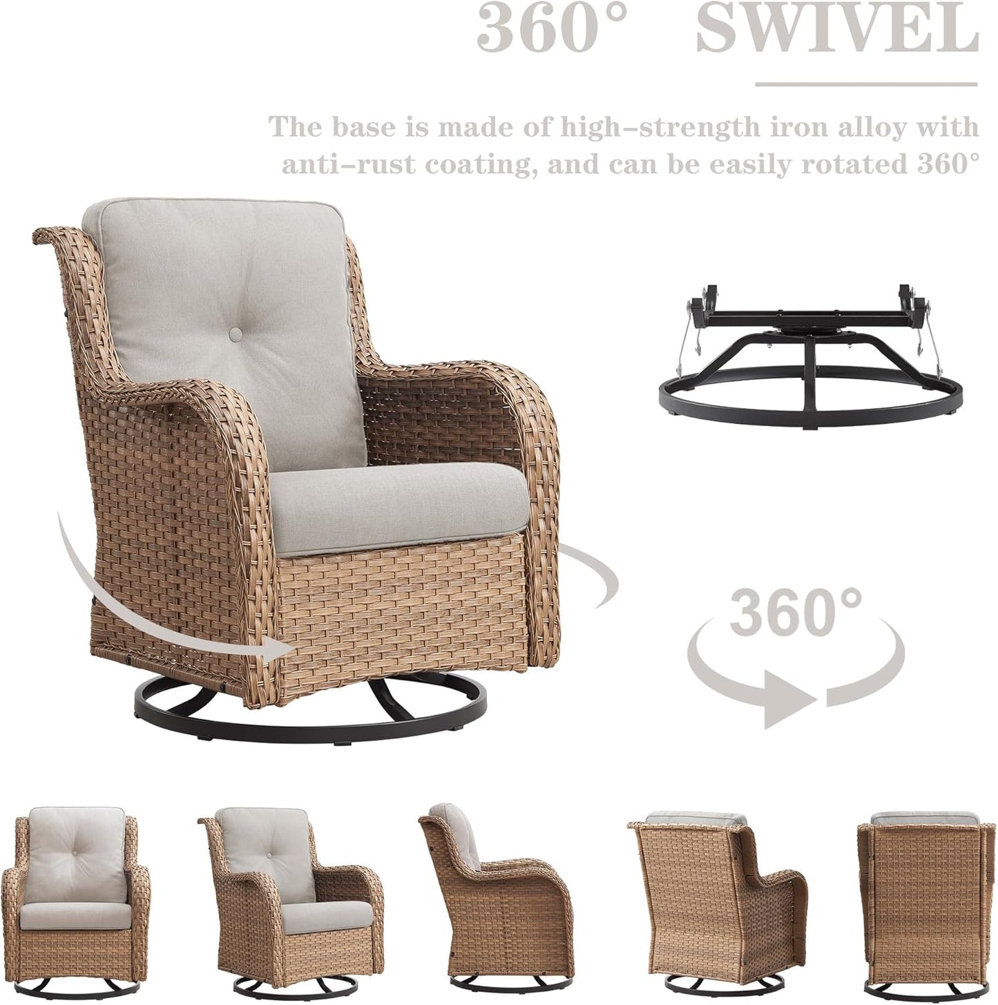 Wicker Outdoor Furniture Patio Furniture Set - 6 Piece Patio Conversation Set with Swivel Rocker Chairs, Loveseat Sofa, Ottomans and Coffee Table, Beige Cushion