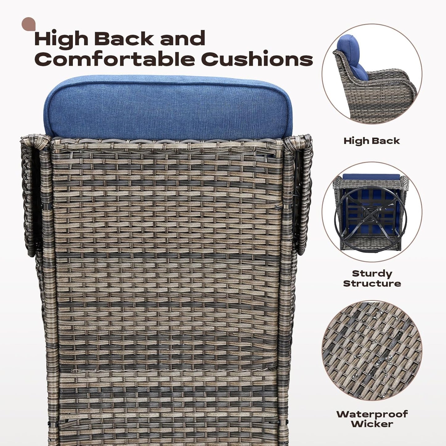 4 Piece Outdoor Patio Swivel Rocker Chairs, Waterproof Wicker, High Back, Deep Seating, Wide Armrest, Upgraded 6 inch Thick Cushions, Ideal for Deck Porch Backyard, Mixed Grey/Blue