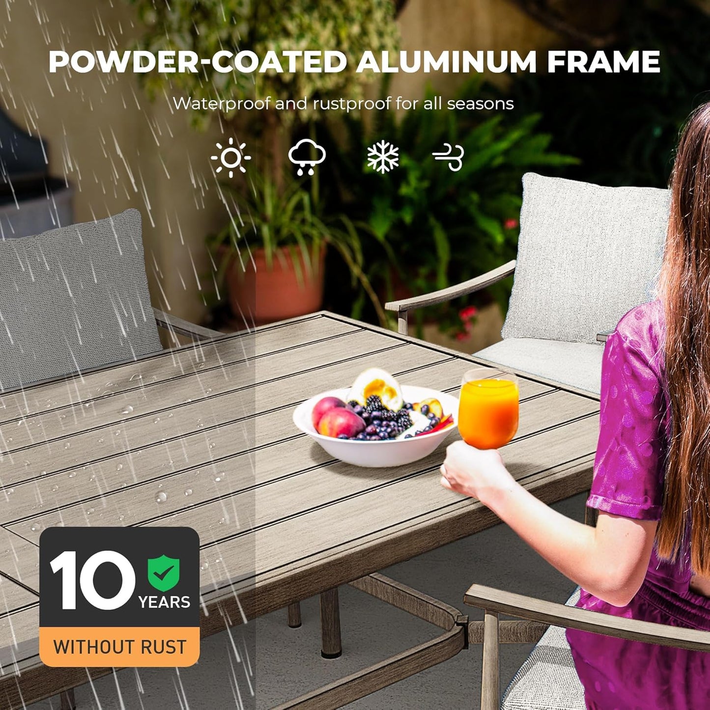 HAPPATIO Patio Table for 8, Large Modern Rectangle Outdoor Dining Table with Umbrella Hole and Adjustable Feet, All Weather Aluminum Patio Table for Garden, Backyard and Poolside, Grey