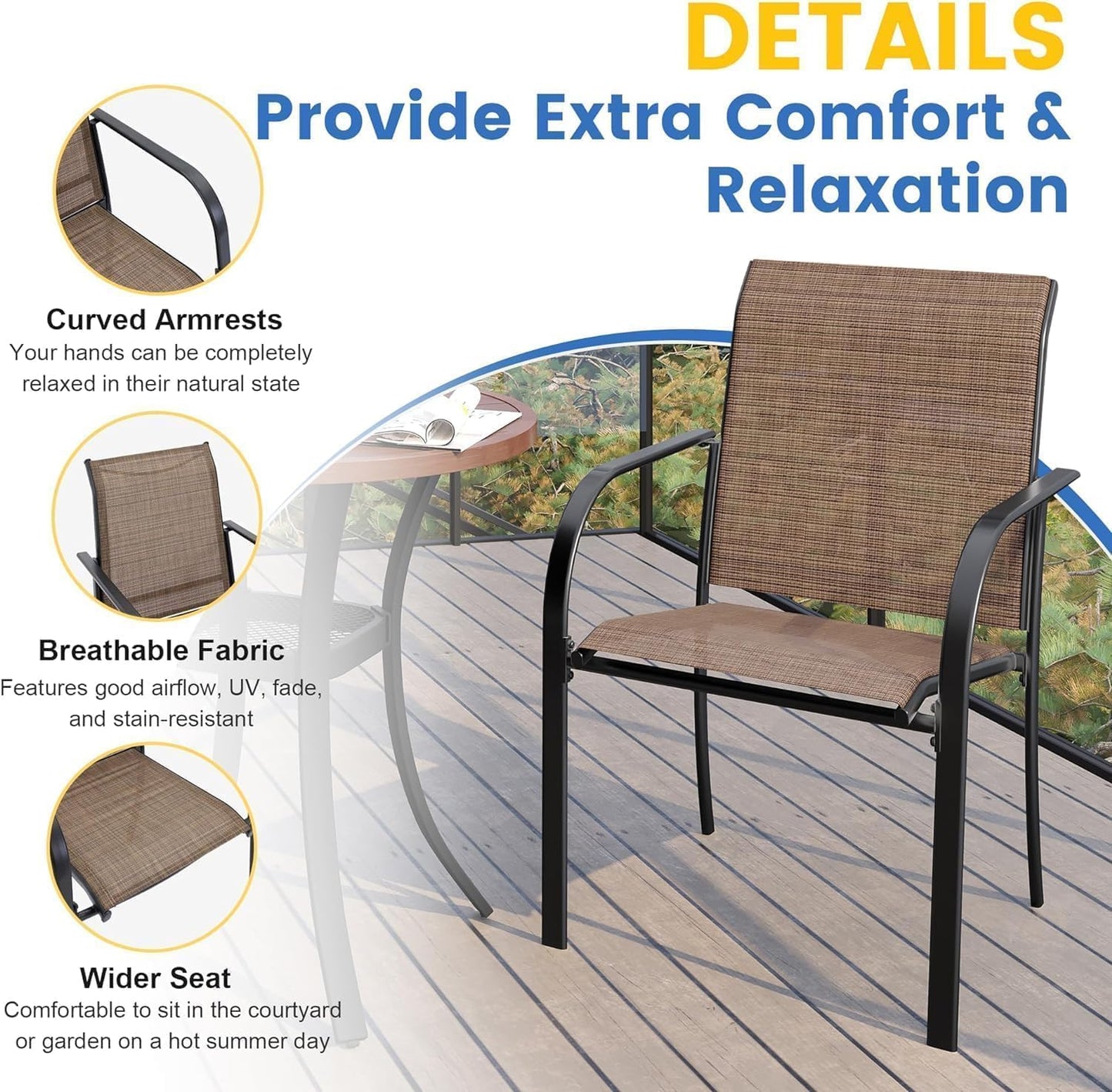 VICLLAX Patio Dining Set for 6, Outdoor Furniture Set Includes 47.2" Round Patio Table and 6 Patio Sling Chairs, Black Tabletop and Brown Fabric