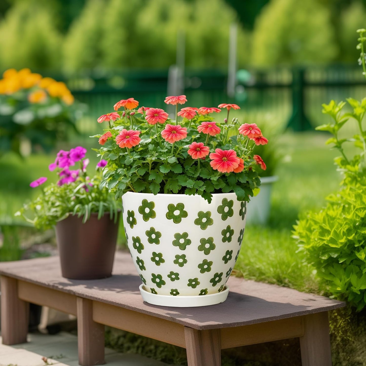 Ceramic Flower Pot - 10 Inch Plant Pot Indoor with Drainage Hole and Saucer, Boho Round Ceramic Planter for Indoor Outdoor Plants, Plant Lover Gifts, Home Garden House Decor, White