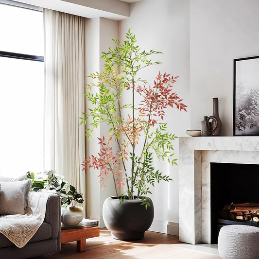6.5ft Faux Bamboo Tree Artificial Nandina Tree Artificial Indoor Plants Realistic Fake Potted Tree with 800+ Leaves, Cement Planter - Home Office Decor Perfect for Housewarming Gift Non-Toxic