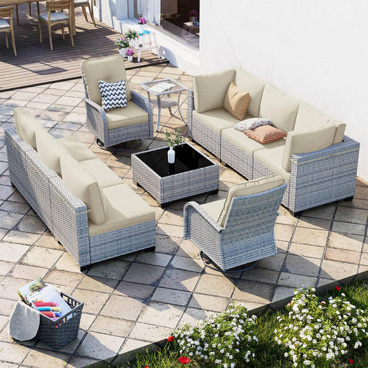 10-Piece Patio Furniture Set, Outdoor Patio Furniture with Swivel Chairs Set, Thick Cushions, Modular Patio Sofa, Dual-Strand Wicker Rattan, Rust-Resistant Frame, Ivory