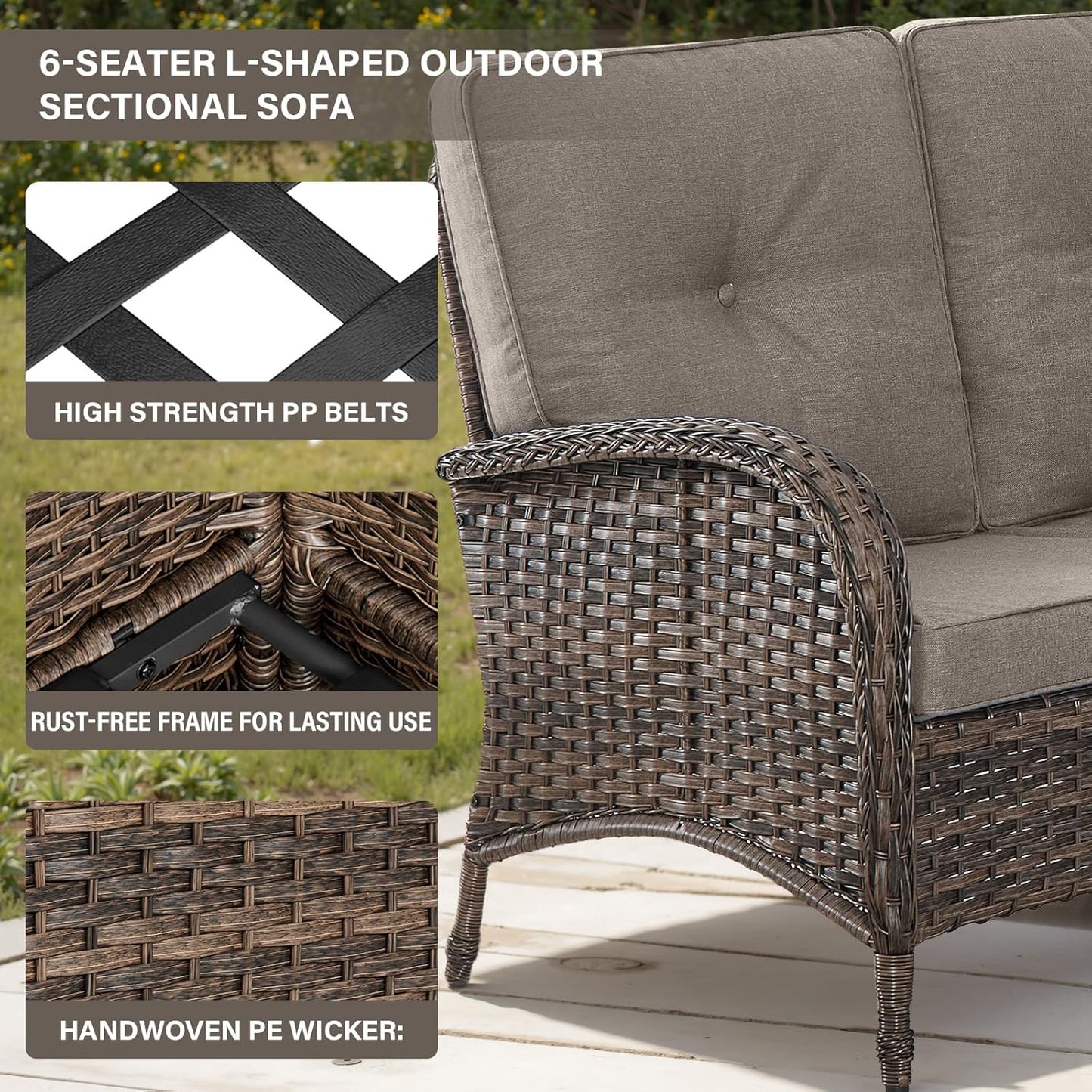 Outdoor Furniture Set - 6 Pieces Patio Conversation Sectional Sofa Set with Swivel Rocker Outdoor Chairs Set of 2 and Wicker Coffee Table for Deck Backyard Sunroom Brown