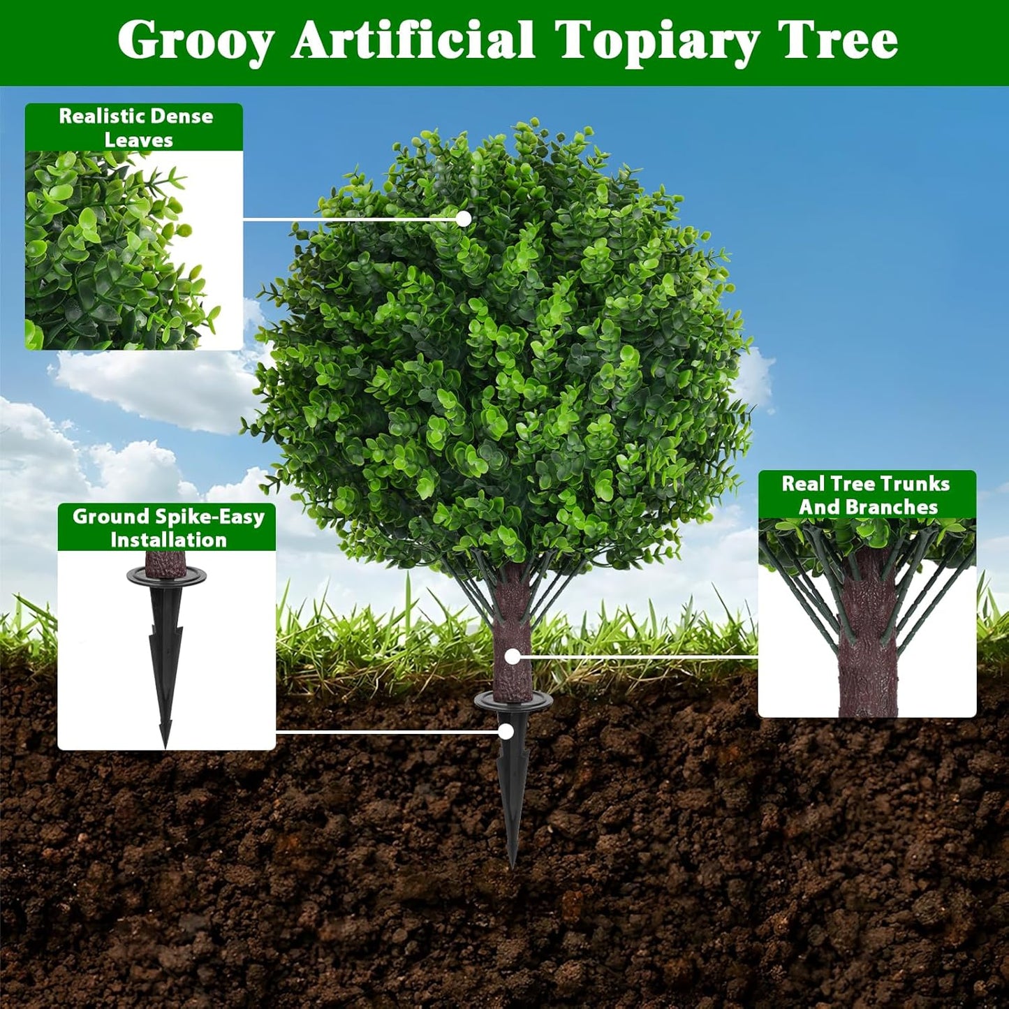 Artificial Topiary Tree with Eucalyptus, Set of 2 Artificial Shrub Bushes with Ground Spike, Fake Evergreen Tree for Porch, Artificial Plants for Outdoor Planters Indoor UV Resistant