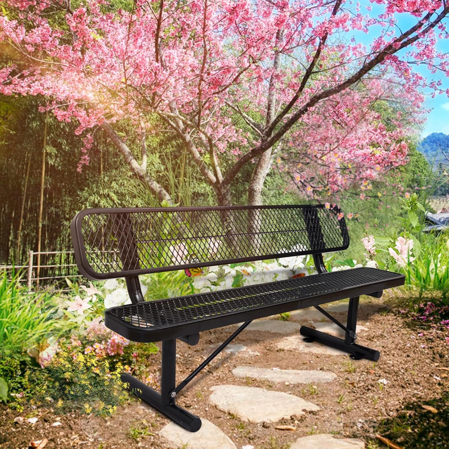 Drexo 6FT Heavy Duty Park Bench with Back Portable Frame, Outdoor Metal Park Bench with Backrest, Steel Mesh Outdoor Bench for Garden, Lawn, Patio, Porch, Park, Yard, Black