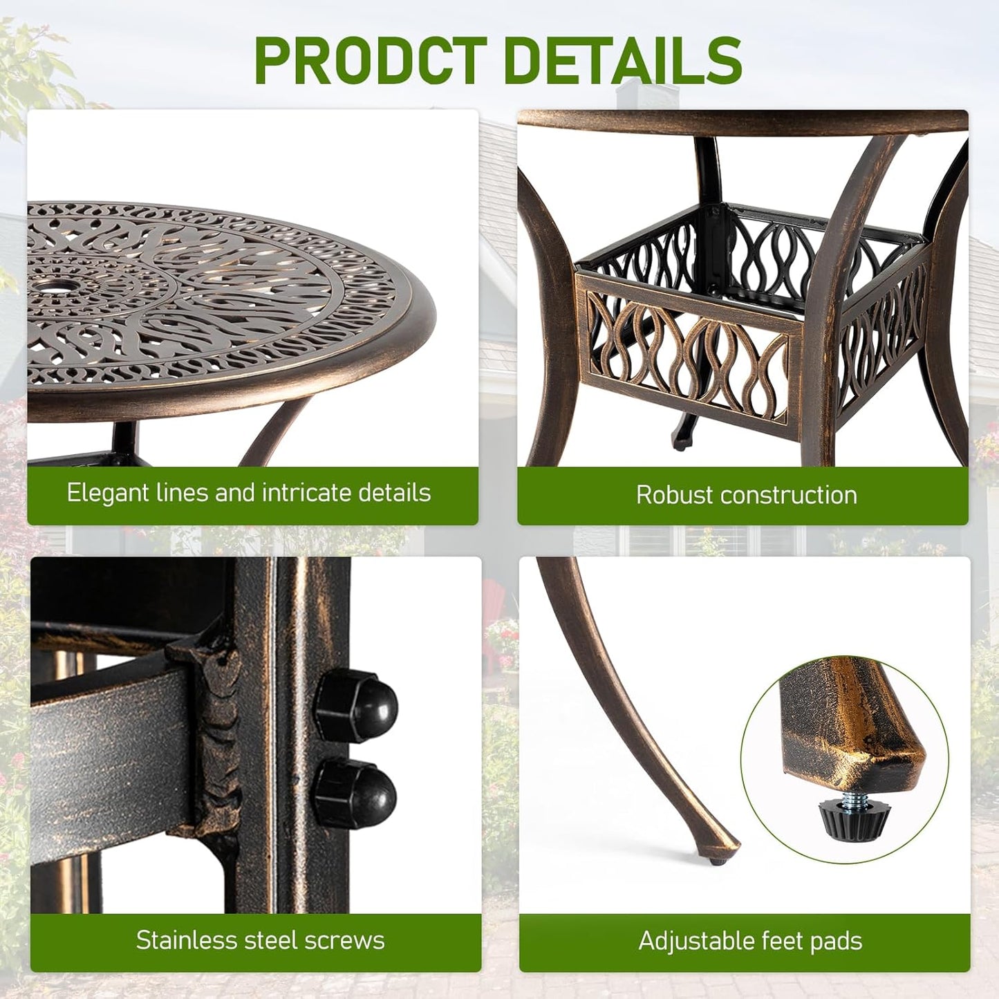 Outvita Patio Side Table, 35.4in Outdoor Round Cast Aluminum Bistro Table with Umbrella Hole and Antique Design for Backyard Porch Pool Balcony Deck Bronze