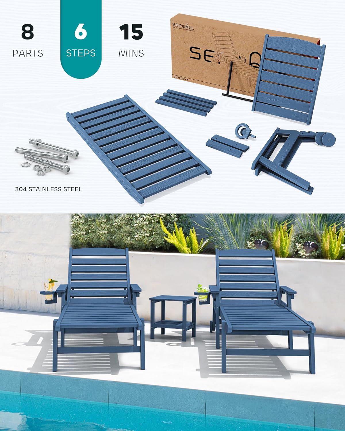 SERWALL Patio Chaise Lounge Chair Set of 2, 78'' Long 5-Positions Adjustable HDPE Outdoor Lounger for Pool, Poly Lounge Chair with Rolling Wheels & Cup Holder for Poolside, Deck, Blue