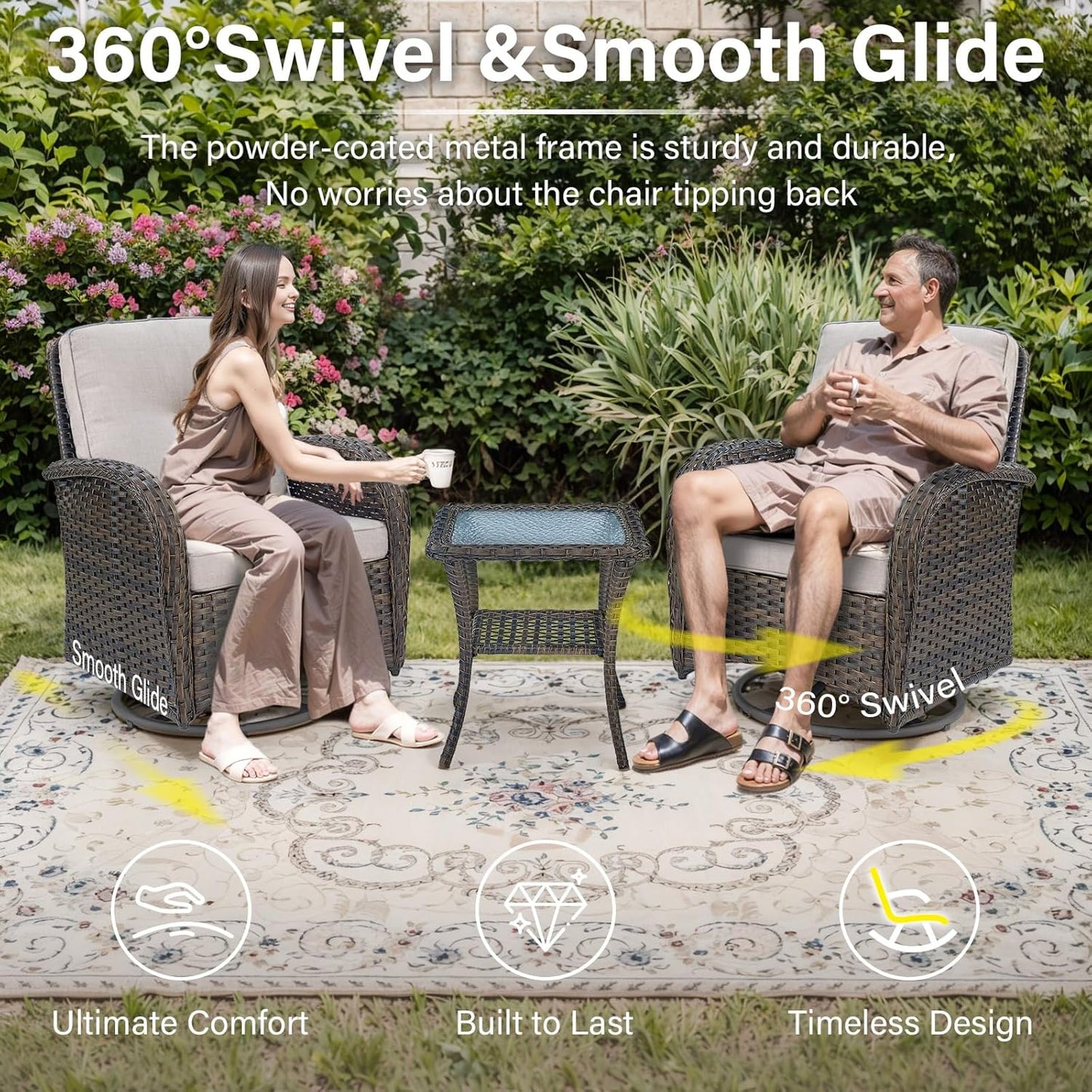 8 Piece Patio Furniture Set with 50000 BTU Propane Fire Pit Table, Outdoor Conversation Set with 2 Swivel Rocker Chairs Wicker Sofa and Ottomans for Casual Gatherings Beige Cushion