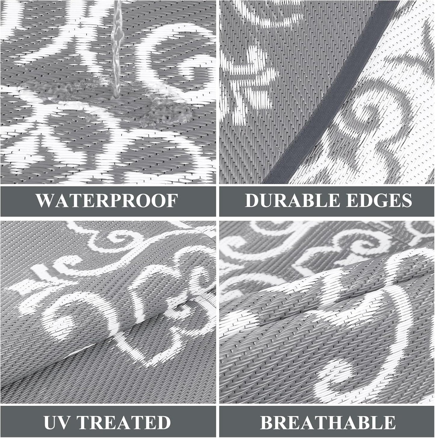 Pauwer Waterproof Outdoor Rug 8ft, Reversible Plastic Straw Patio Camping Rug, Indoor Outdoor RV Mat Carpet for Deck, Camper, Porch, Balcony, Backyard, Picnic, Floral Grey