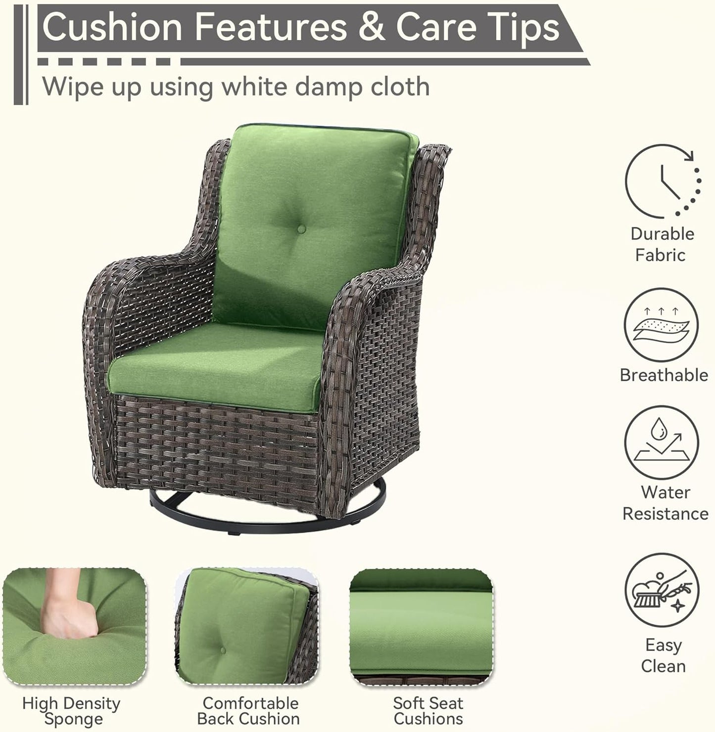 Outdoor Swivel Rocker Patio Chairs Set of 2 - Outdoor Wicker Patio Conversation Sets 2 Pieces with Olefin Fabric Cushions Suitable for Backyard Deck and Porch, Green