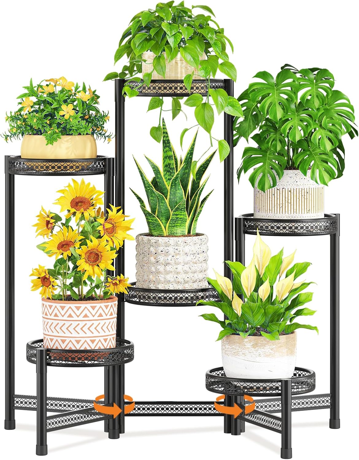 LASZOLA 6 Tiered Folding Tall Plant Stand Indoor Outdoor for Large Planter, Heavy Duty Metal Adjustable Multiple Flower Rack for Corner, Wrought Iron High Spiral Holder for Modern House Patio, Black