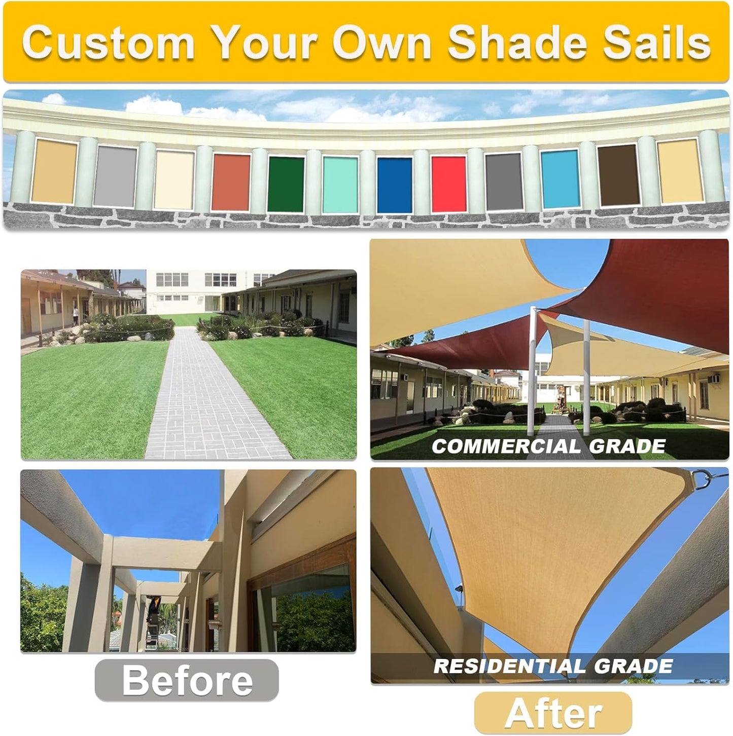 KANAGAWA Sun Shade Sail Curved 16'X16' Cream Rectangle Outdoor Shade Cover UV Blovk Canopy for Patio Garden Backyard Heavy Duty Permeable 185GSM (We Make Custom Size)