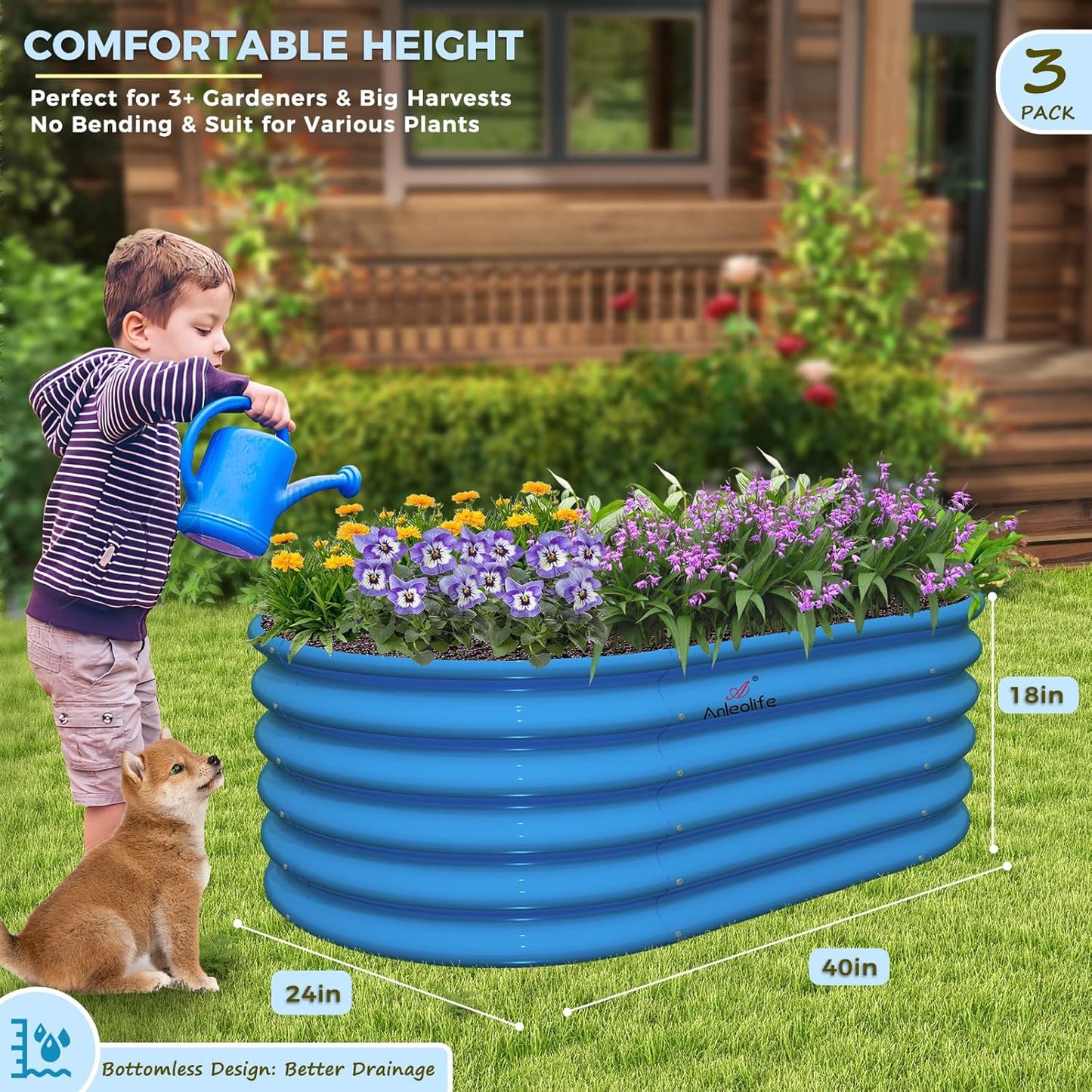 A ANLEOLIFE Kids Raised Garden Beds Outdoor (3-Pack)-40x24x18in Oval Round Galvanized Metal Planter Box for Planting Vegetables, Flowers, Fruits, Eco-Safe & Easy Setup, Sky Blue
