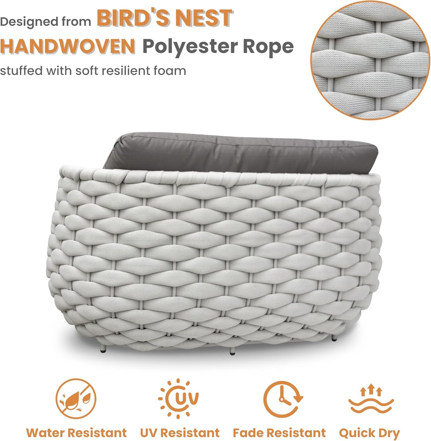 Patio Loveseat with Table: Aluminum Hand Woven Rope 2 Pieces Patio Furniture Set - Cushioned Outdoor Seating Set - Modern Couch Assembled - Metal Lounge Set for Porch Balcony Deck Garden Hotel