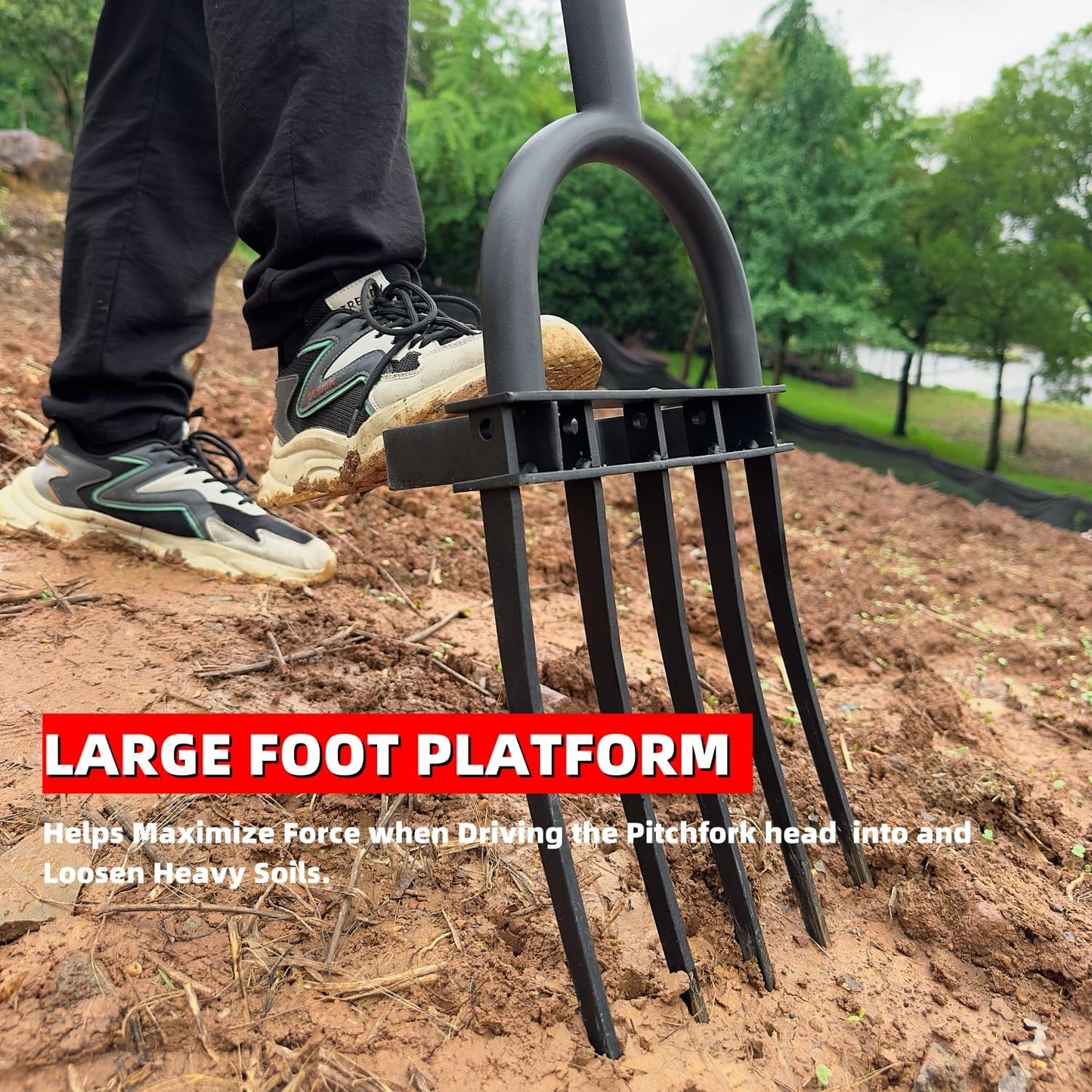 Garden Fork, Pitchforks for Digging Composting Spading, Long Hand Tiller & Cultivator - 5 Tine, 45 inches