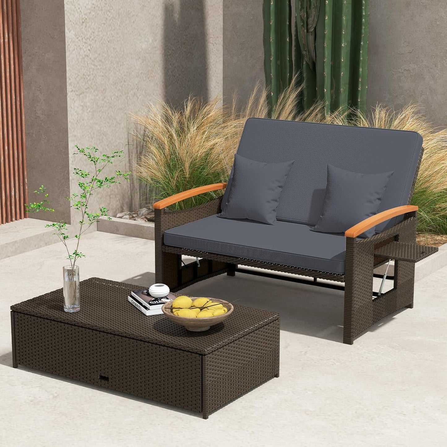 Tangkula Patio Rattan Daybed Set with Cushioned Loveseat and Storage Ottoman, Outdoor Double Chaise Lounger with 4-Level Adjustable Backrest and Retractable Side Trays for Backyard (Gray)