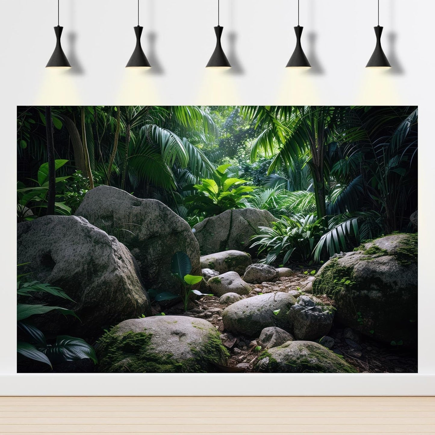 Reptile Habitat Backdrop Lush Tropical Plants and Rocks Terrarium Backdrop Dense Vegetation with Large Broad Leaves and Ferns Fish Tank Background Aquarium Wallpaper Poster Decor Vinyl 48x20in