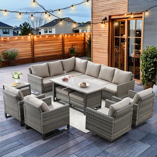 HUMMUH Patio Furniture 10 Piece PE Wicker 6-Seater Outdoor Sectional Sofa Patio Swivel Chairs Outdoor Chairs with Tables for Porch,Garden,Backyard,Deck