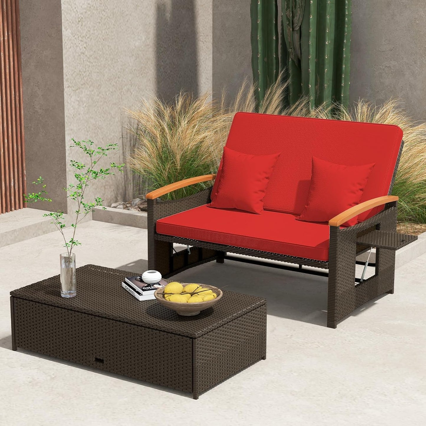 Tangkula Patio Rattan Daybed Set with Cushioned Loveseat and Storage Ottoman, Outdoor Double Chaise Lounger with 4-Level Adjustable Backrest and Retractable Side Trays for Backyard (Red)