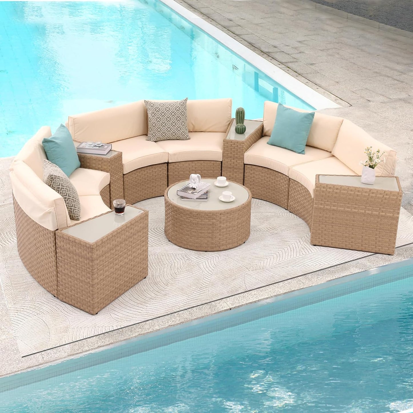 SUNSITT Outdoor Patio Furniture 11-Piece Half-Moon Sectional Round Patio Furniture Set Curved Outdoor Sofa with Tempered Glass Round Coffee Table, 4 Pillows, Natural Color Rattan