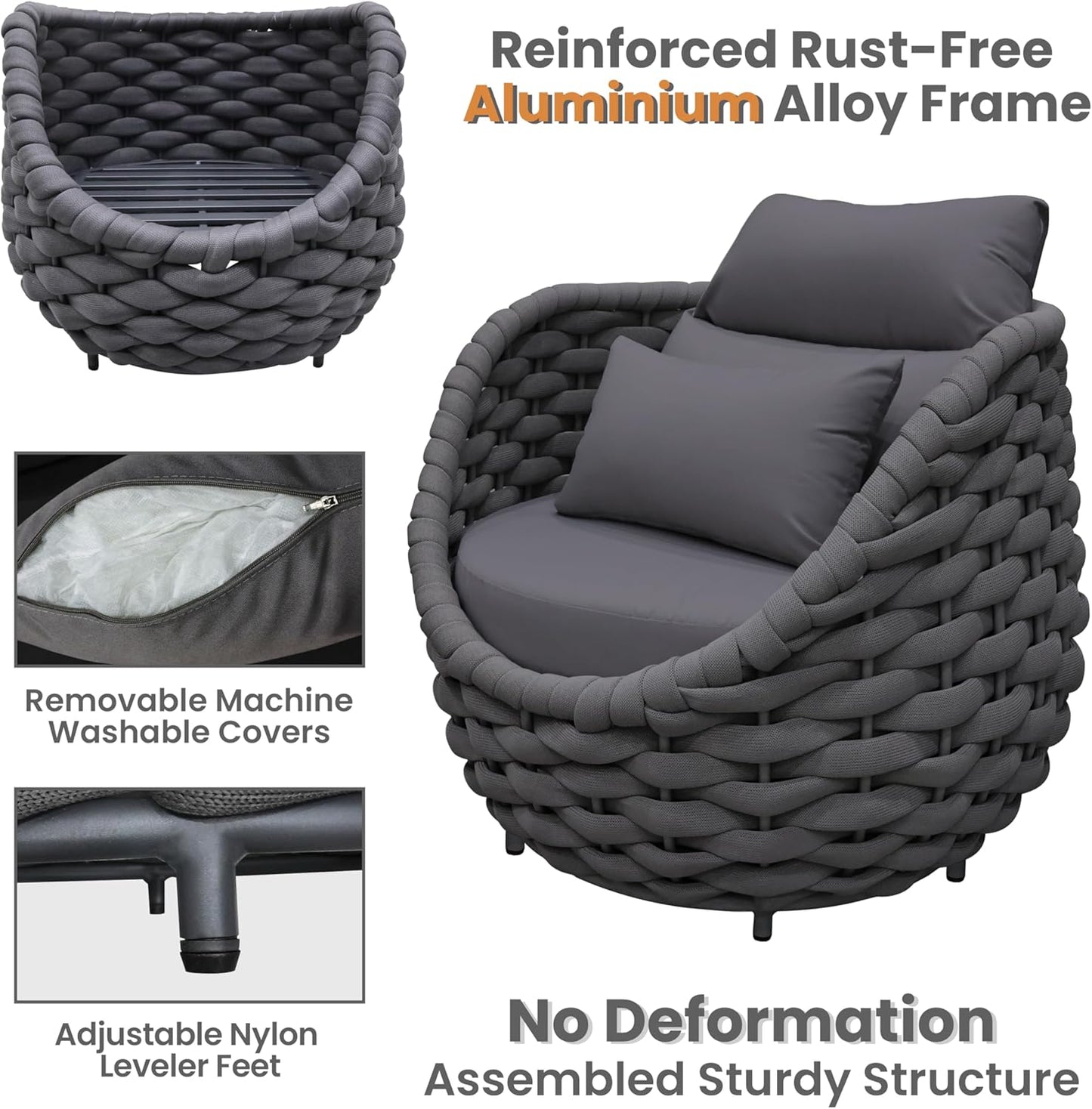 Rope Outdoor Patio Furniture Set: 6 Pieces Aluminum Porch Conversation Sofa Set - Modern Woven Deck Couch Set Cushioned - No Assembly All Weather for 660lbs Yard Garden Lanai Hotel, Dark Gray