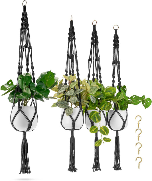 Sorbus Macrame Plant Hanger (4 Pack) Indoor Outdoor Hanging Plant Pots Cotton Rope, Elegant for Home, Patio, Garden (Black)