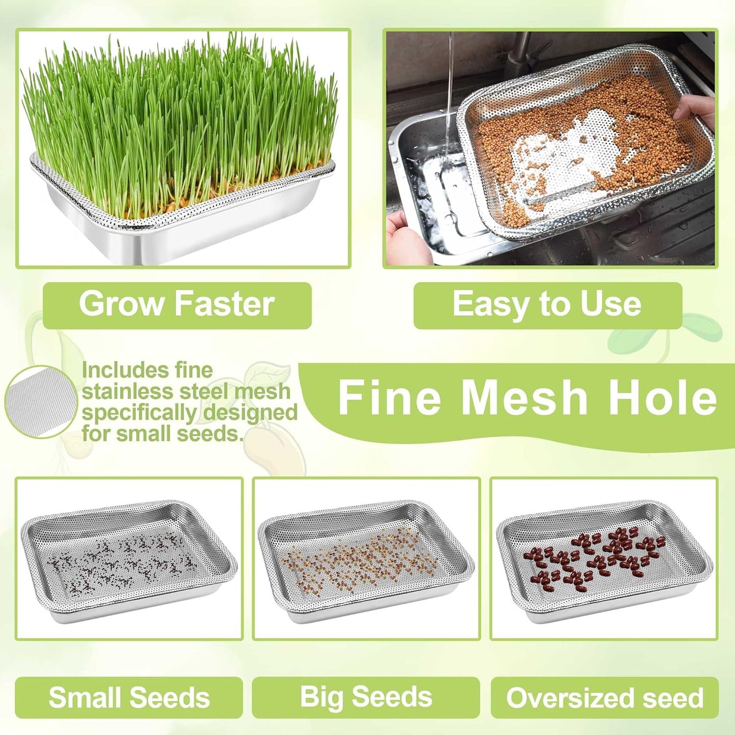 Stainless Steel Sprouts Growing Kit 3-Tier 10.4 inch Trays, Microgreens Growing Kit, Seed Sprouting Tray with Encrypted Mesh Sprouts for Beans Alfalfa Broccoli Wheat Grass