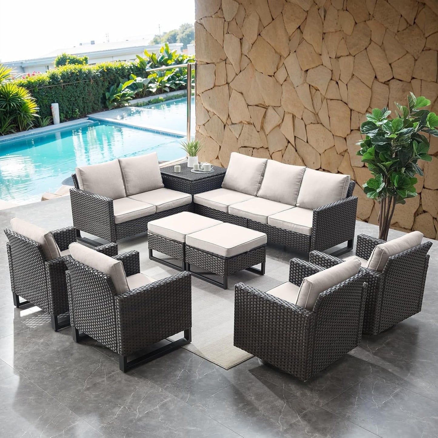 HUMMUH 9 Piece Patio Furniture Set PE Wicker Outdoor Sectional Sofa and Patio Swivel Chairs Outdoor Chairs Storage Box Ottomans for Porch,Garden,Backyard,Deck(Brown/Beige)