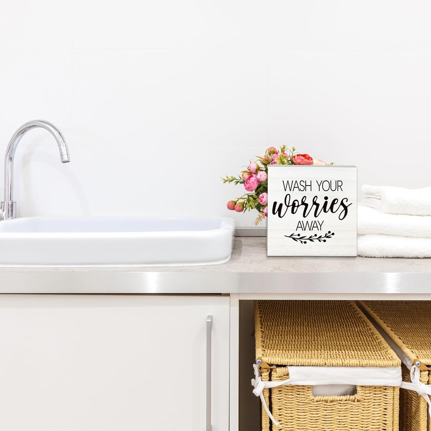 Wash Your Worries Away Wooden Sign - Funny White Block Plaque Desk Decoration-5x5 inches Inspirational Wood Block Gifts For Friends Family-Laundry Room Restroom Bathroom Tabletop Favors & Supplies-A01