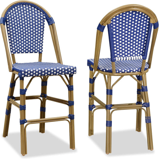 PURPLE LEAF French Counter Height Bar Stool Set of 2 25" Bamboo Print Finish Patio Bar Chairs with Back Rattan Bar Chairs French Bistro Set for Kitchen Outdoor Counter Stool Royal Blue
