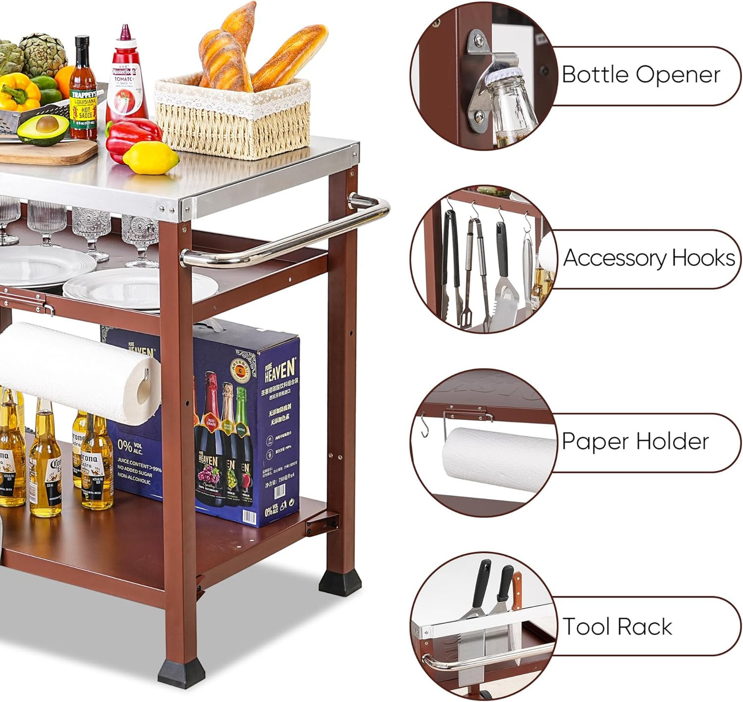 3-Shelf Outdoor Grill Table, Pizza Oven Table for Outside, Movable Grill Cart with Wheels, Indoor & Outdoor Cooking Station, Pizza Oven Stand for Ooni Blackstone Griddle 33.5”x 21.7”