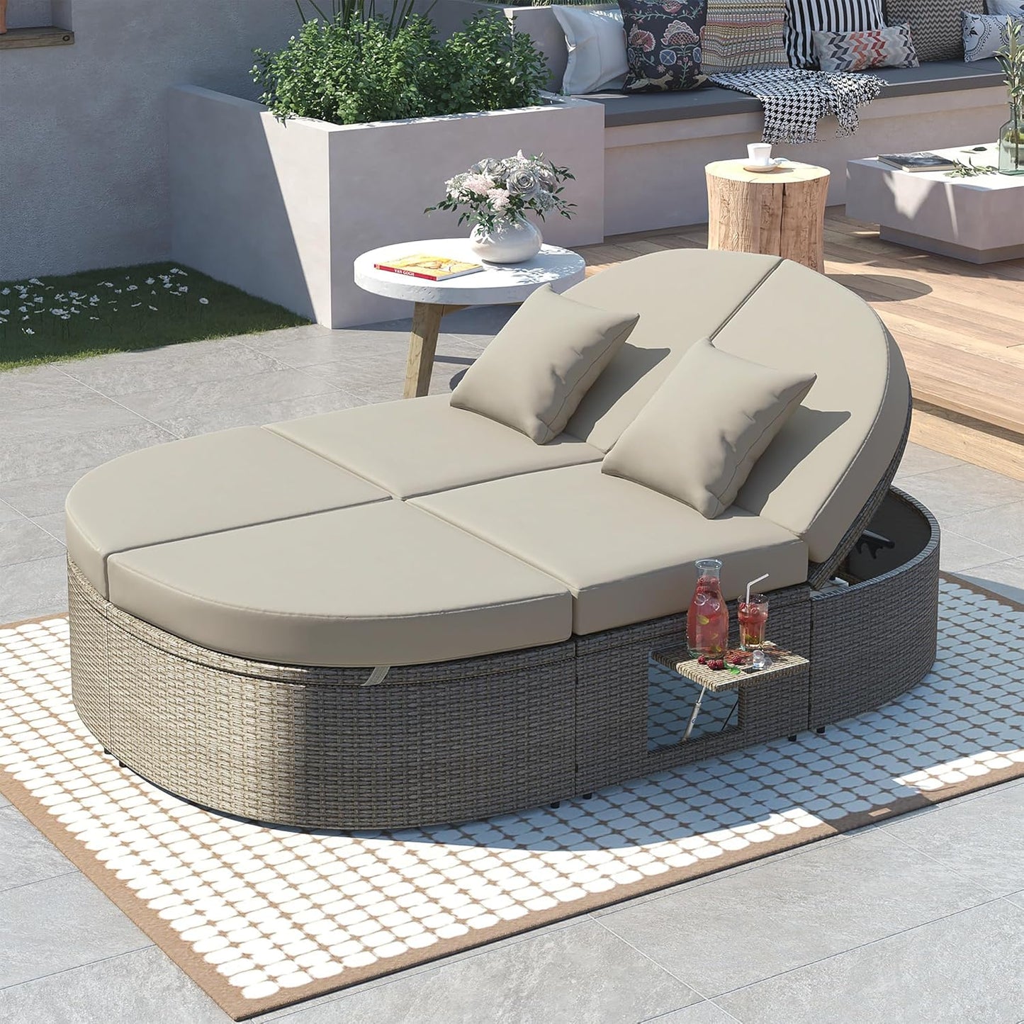 kevinplus Outdoor Daybed Patio Sunbed with Adjustable Backrests and Foldable Cupholder, Rattan Outdoor Garden Daybed Sunbed Reclining Chaise Lounge for Poolside Balcony, Gray