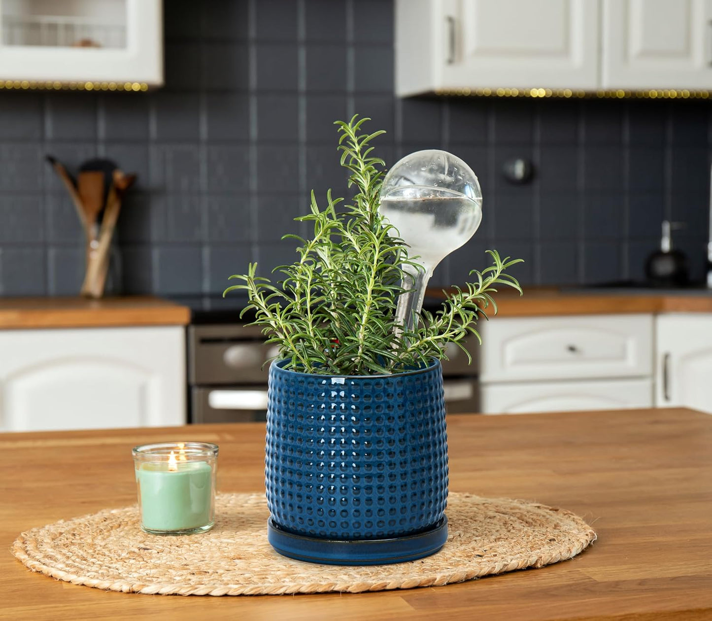 D'vine Dev Set of 2 Ceramic Plants Pots, 6 Inch Beaded Stoneware Flower Pot for Plants with Drainage Hole and Saucer, Midnight Blue, 27-E-X-3