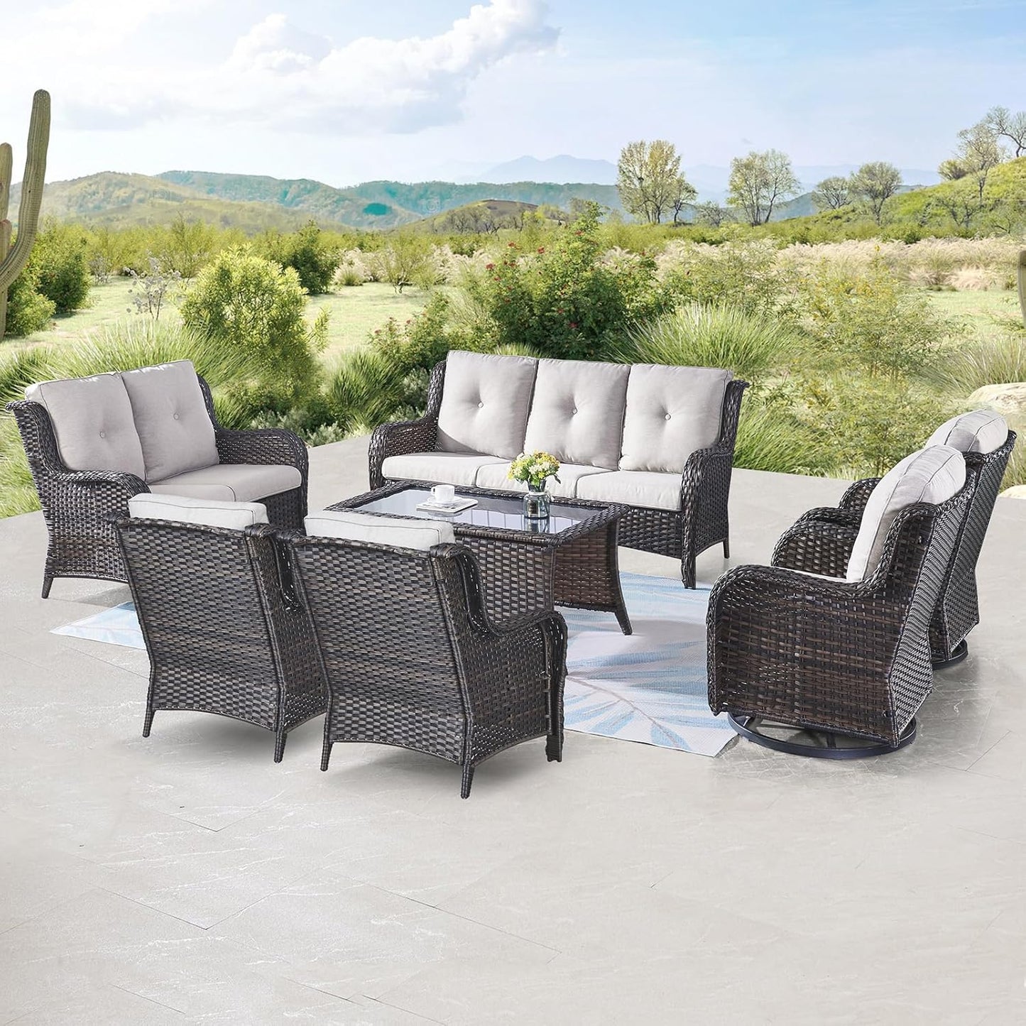 Outdoor Wicker Furniture Patio Set - 7 Piece Backyard Furniture Brown Rattan Conversation Sets with Swivel Rocker Chairs, Rattan Sofa, Club Chairs and Coffee Table, Beige Cushion