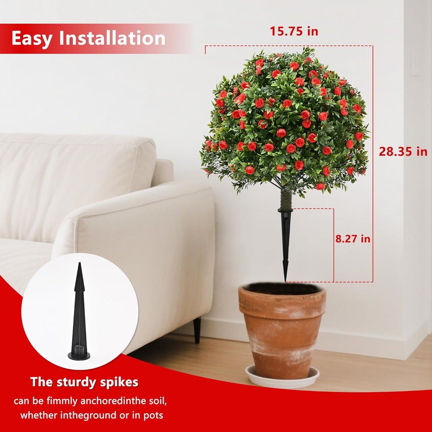 28" Artificial Boxwood Topiary Tree with Rose, Set of 2 Artificial Shrub Bushes with Ground Spike, Fake Evergreen Tree for Porch, Artificial Plants for Outdoor Planters Indoor UV Resistant