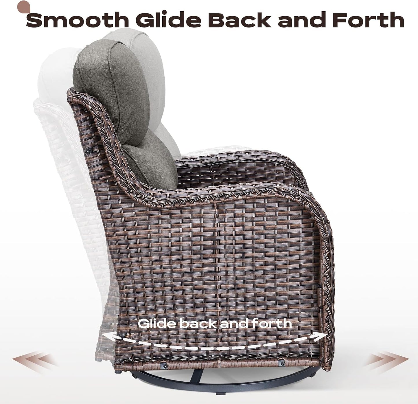 Wicker Outdoor Patio Furniture Set - 5 Piece Patio Conversation Sets with Swivel Rocker Chairs, Ottomans and Sofa, 6 inch Cushions, Waterproof Wicker, for Porch Deck Brown/Grey