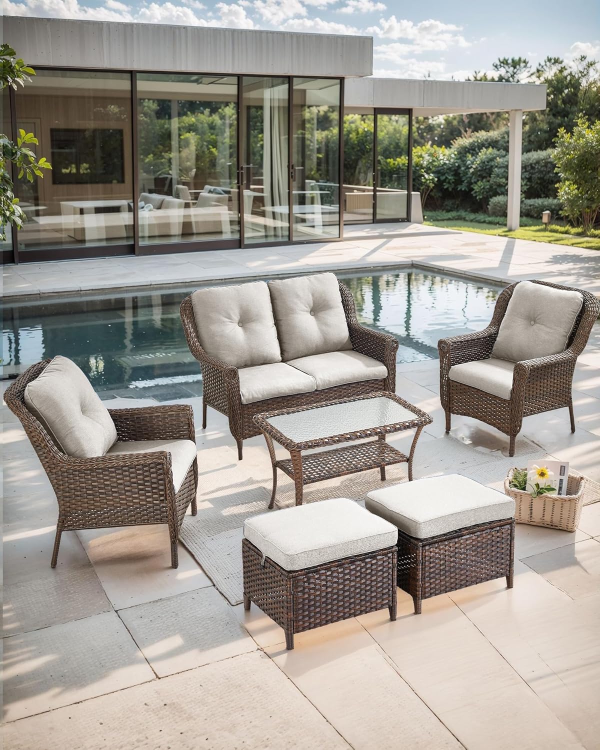 Patio Loveseat Outdoor Wicker Sofa - Heavy Duty All-Weather Brown Rattan 2-Person Sofas with High Back and Comfortable Thick Cushions for Garden Back Porch Poolside Apartment - Beige