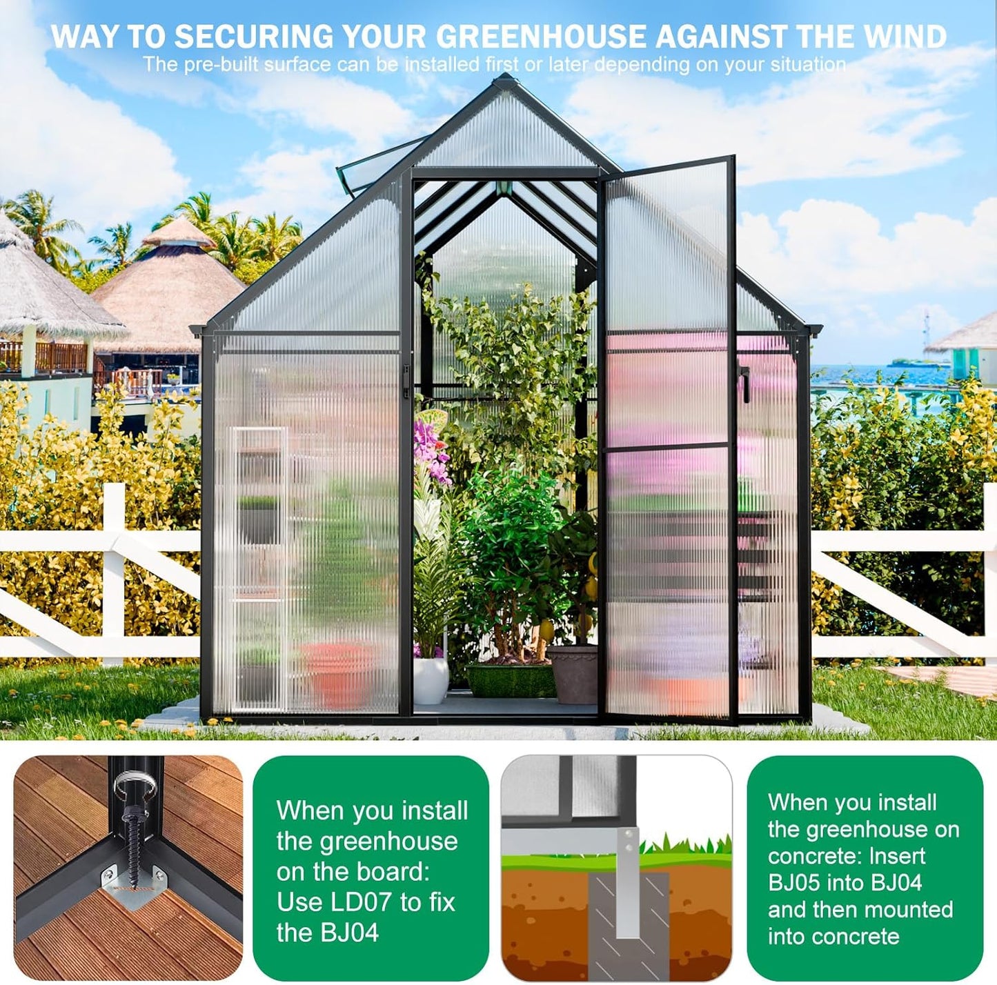 Polycarbonate Greenhouse, 8.2x6.2 FT Easy Assembly Aluminum Heavy Duty Greenhouses for Outdoors w/ Window, Swing Door, Walk-in Green House for Sunroom,Outside, Backyard, Garden, Black