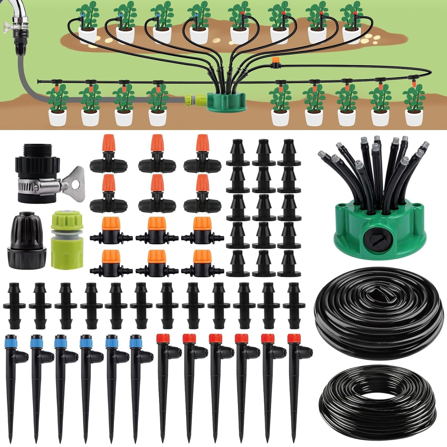 150FT Automatic Drip Irrigation Kit with Lawn Sprinkler, Kalolary 1/4" 1/2" Garden Watering System with 4/7mm 16mm Tube Locked Drip Irrigation Emitter Fittings Adjustable Sprinkler System for Outdoor