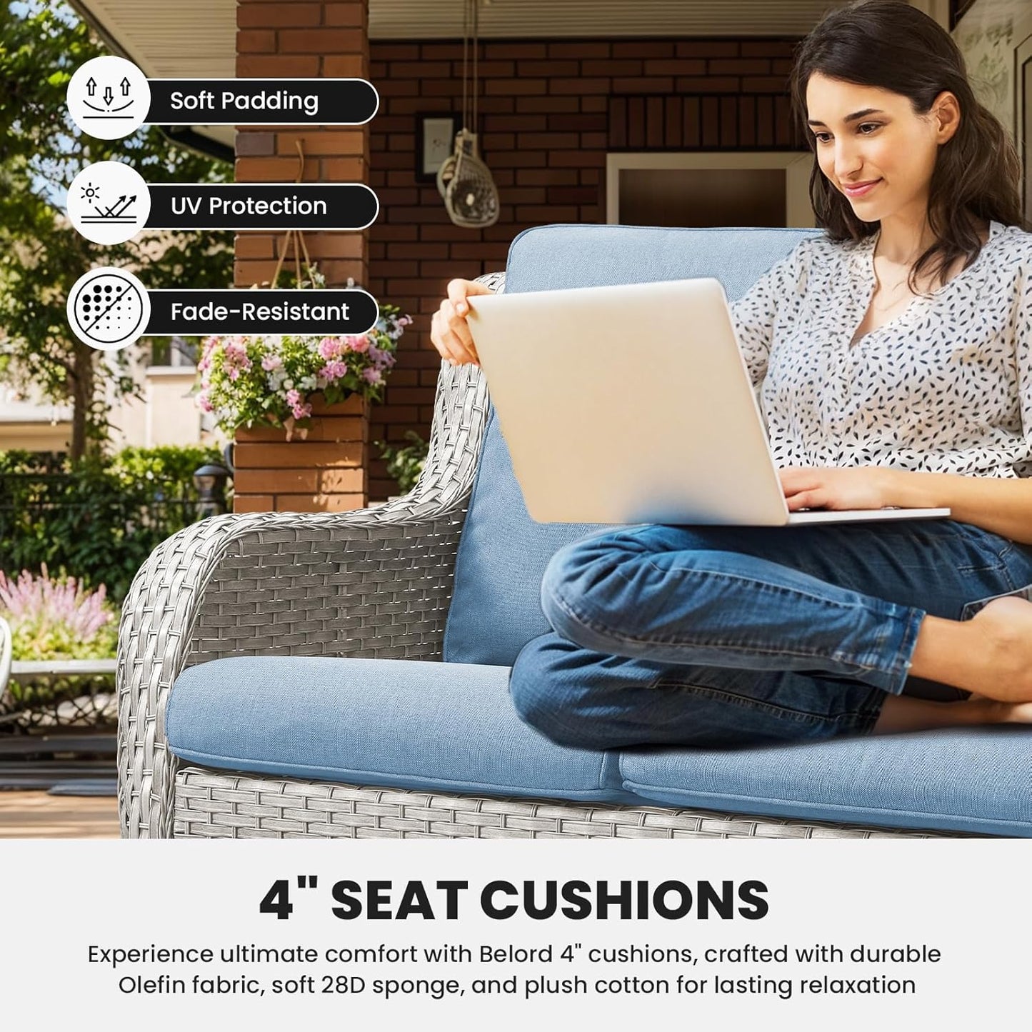 Outdoor Loveseat Small Patio Furniture 2 Seater Wicker Sofa Couch Rattan Seating for Deck Porch Backyard Baby Blue Cushion