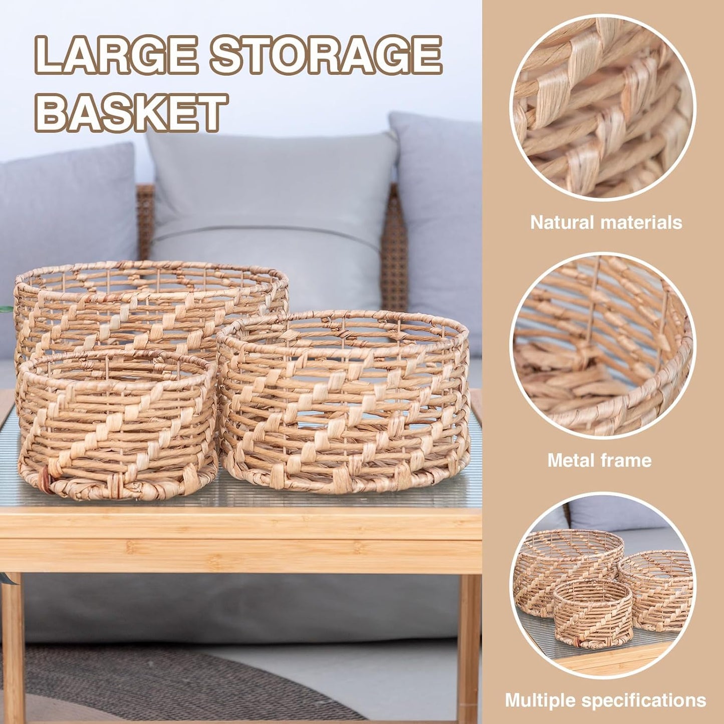 Storage Baskets Natural Weave Handwoven Round Paper Rope Hyacinth basket Stackable writing desk Organizer for Home, Eco-Friendly Woven Decor Set of 3